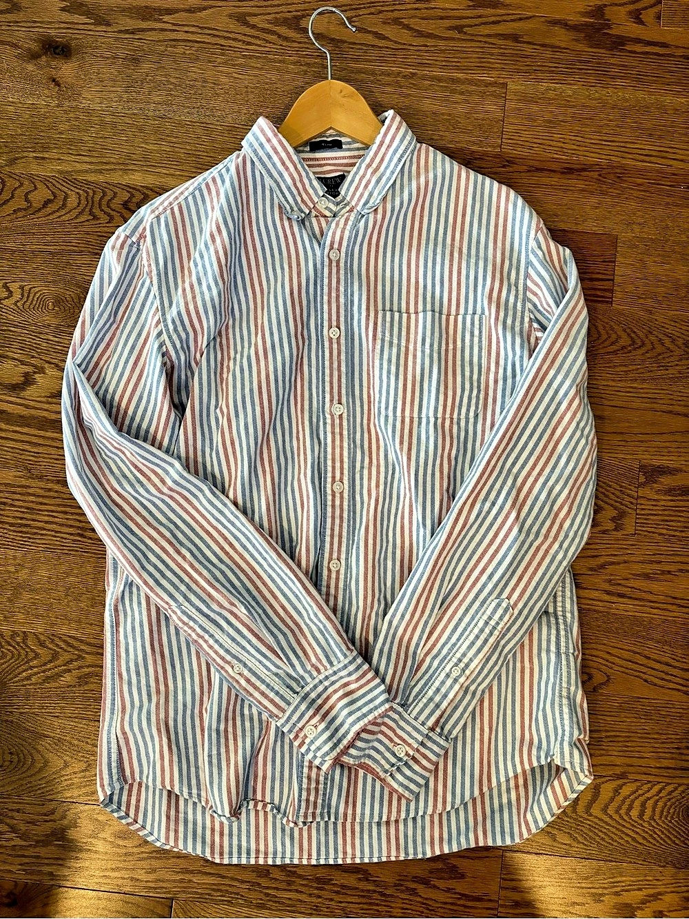 J.Crew Flex Oxford Striped Button Down in Blue & Red Large Like New